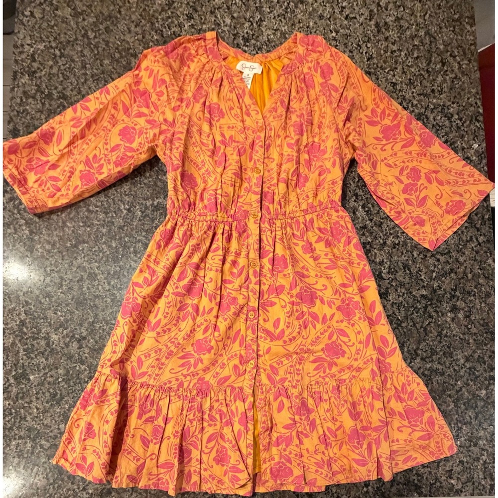 Jessica Simpson Orange Pink Floral Cotton Mini Dress‎ Elastic Waist Small Boho